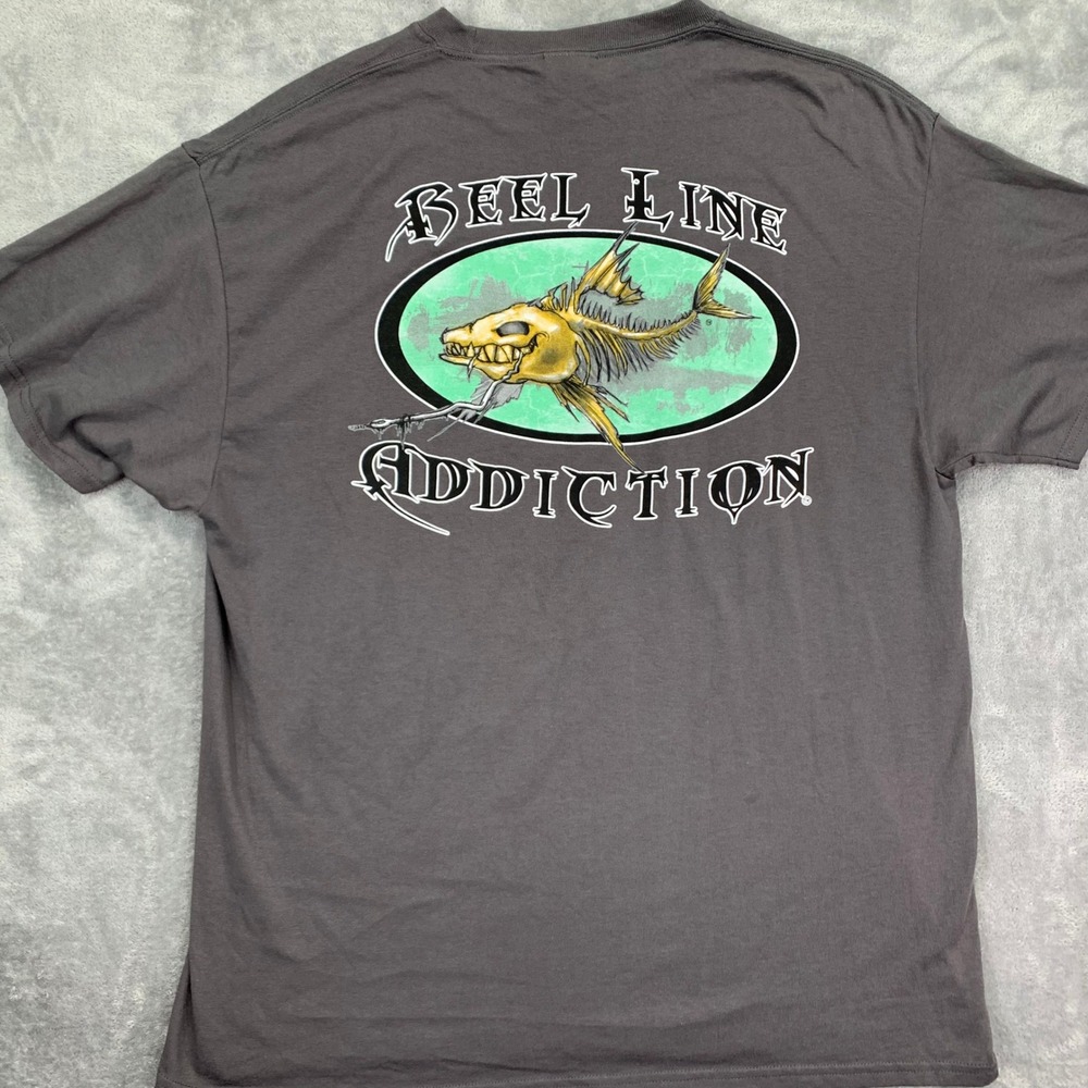 Reel Line Addiction Skeleton Fish Graphic T Shirt Distressed Fishing Tee XL